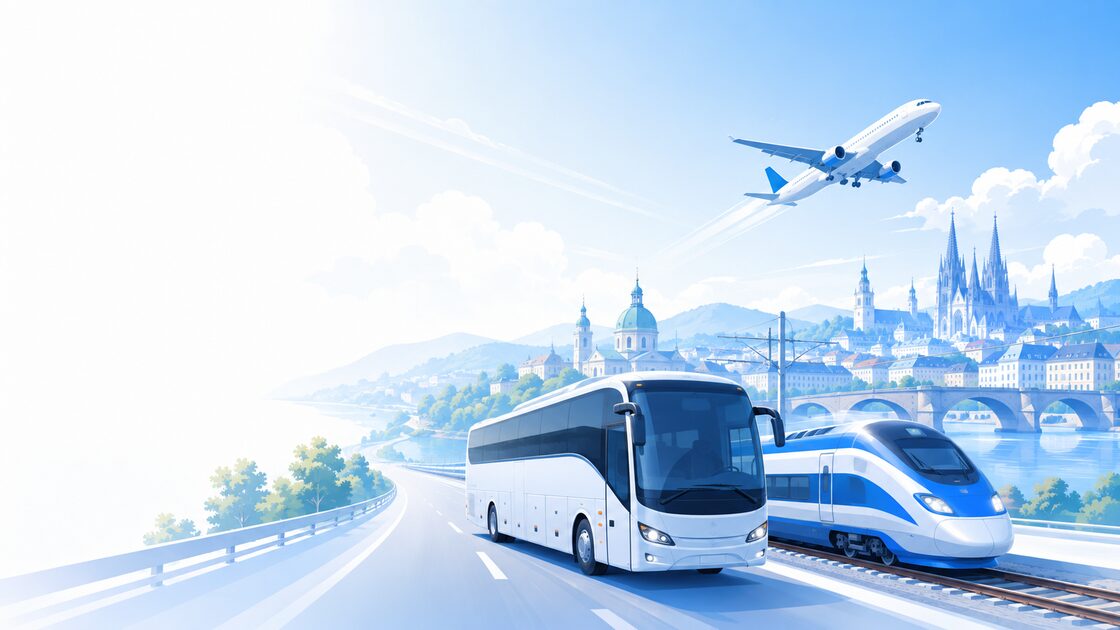 Bus, train and plane